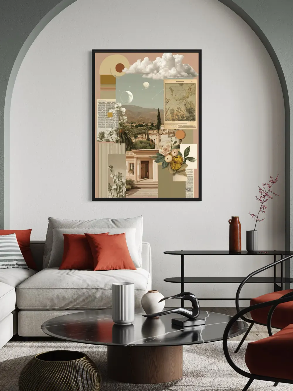 Plakat Dreamy Garden - pastelowy kolaż willi, kwiatów i geometrycznych kształtów - obrazek 3