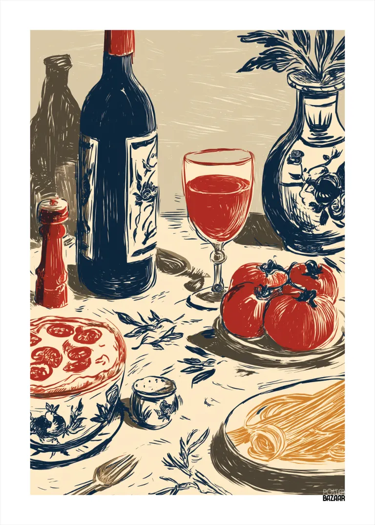 Wine Table — włoski stół z winem, pomidorami, makaronem, szkicowy styl