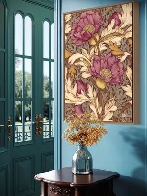 Plakat Crimson Petals - duże karminowe kwiaty na oliwkowym tle w stylu retro - obrazek 2
