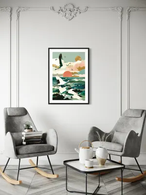 Plakat Cranes Sunset - żurawie nad wodą, czerwone słońce - obrazek 2