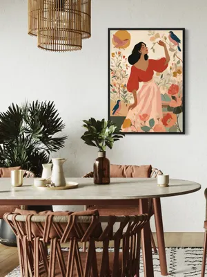 Plakat Rosebird Garden - kobieta wśród kwiatów i ptaków, pastelowe barwy, romantyczny nastrój - obrazek 2