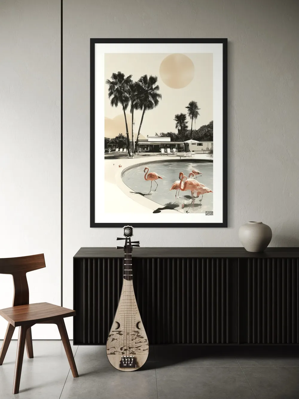 Plakat Palm Pool - letni chill pod palmami, basen, złote słońce, pastelowe odcienie - obrazek 3