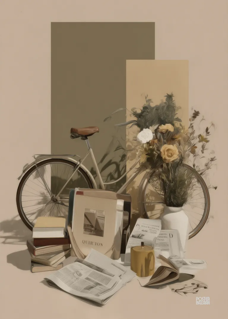 Bicycle Still Life — klasyczny rower retro, książki, kwiaty, ciepła kolorystyka