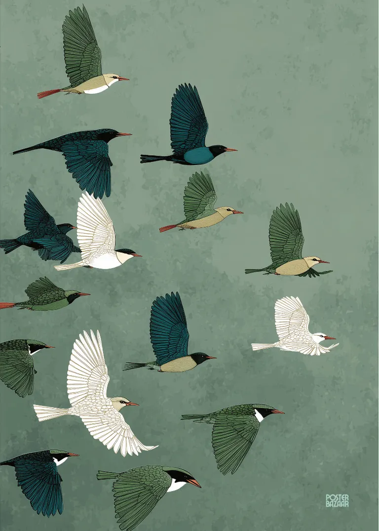 Emerald Flight — nowoczesna grafika z ptakami na tle zielonego nieba