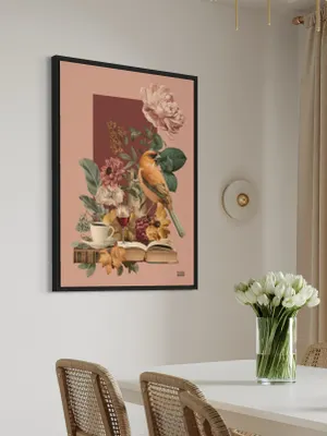 Plakat Bird Garden - kolorowy ptak w ogrodzie z filiżanką kawy i winem - obrazek 3