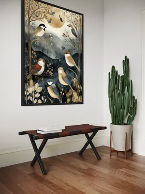 Plakat Moonlit Aviary - ptaki na gałęziach pod złocistym księżycem - obrazek 3