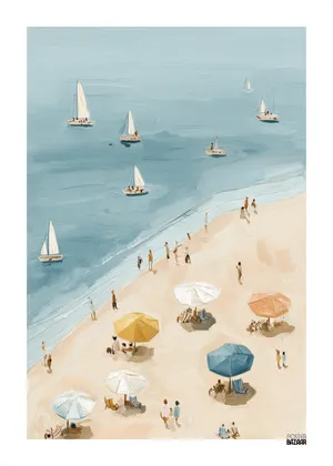 Plakat Sailing Beach - plaża z kolorowymi parasolami i żaglówkami na morzu