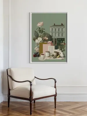 Plakat Green Harmony - elegancki zielony budynek, kwiaty, kawa, spokojny klimat - obrazek 3