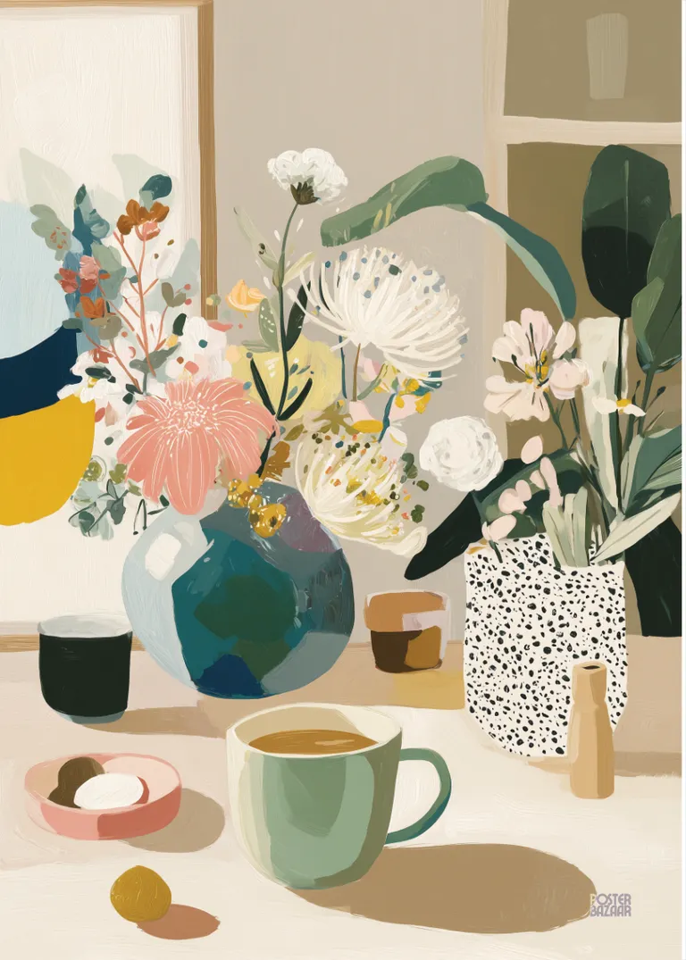 Pastel Morning — filiżanka kawy i pastelowe kwiaty w jasnym świetle