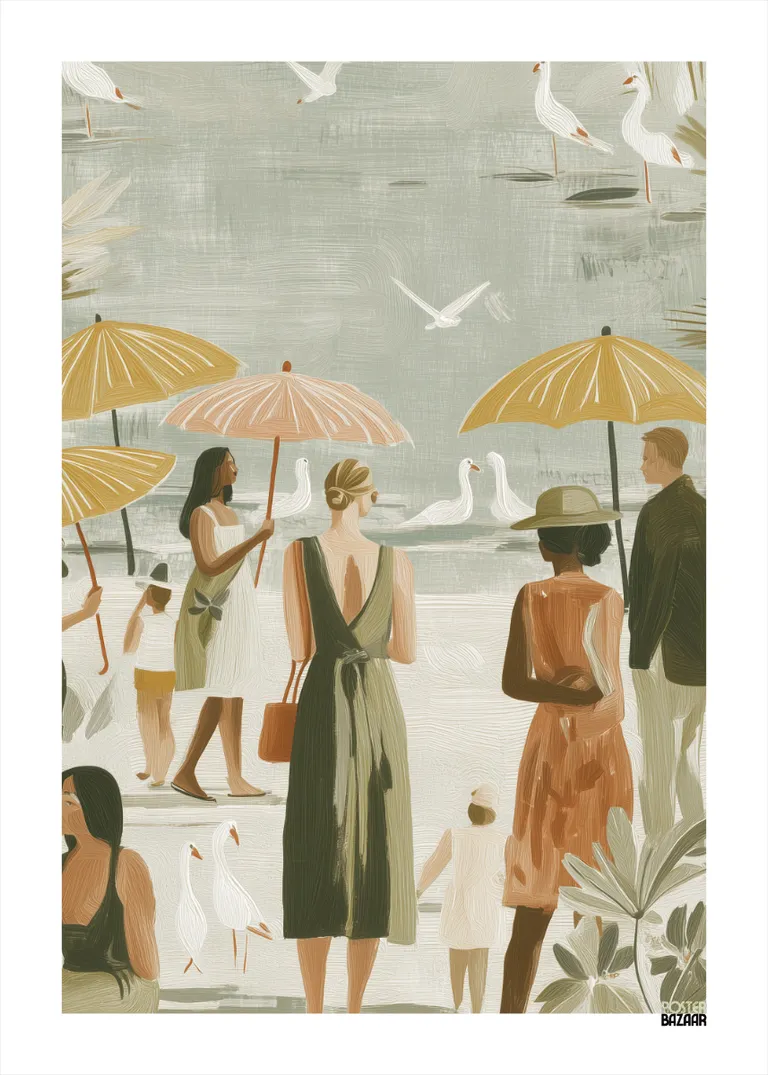 Beach Stroll — plaża z parasolami i mewami w letnim klimacie