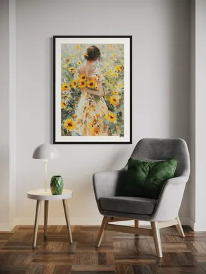 Plakat Sunflower Dream - dziewczyna w sukience w morzu słoneczników w akwarelowym stylu - obrazek 2