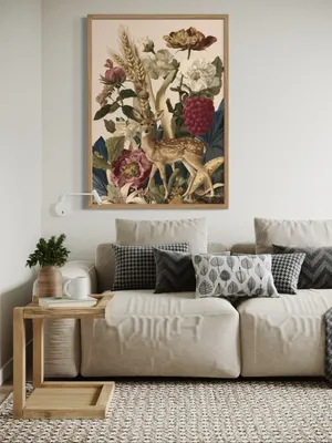 Plakat Deer & Berries - jelonek wśród kwiatów i owoców w stylu retro - obrazek 2