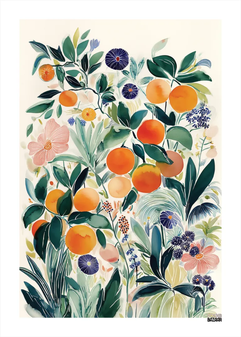 Citrus Garden — soczyste pomarańcze, zielone liście, akwarelowy letni ogród