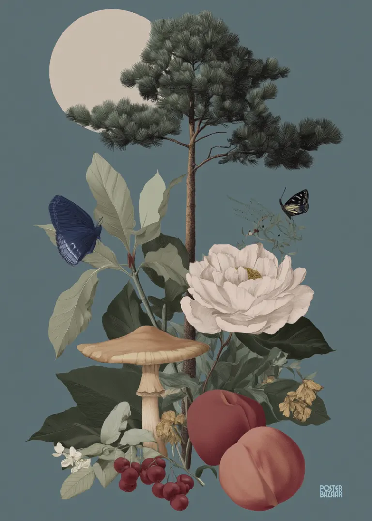 Nature Harmony — elegancki retro plakat z drzewem, piwonią i motylami