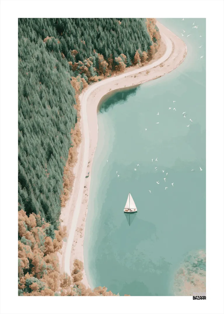 Forest Lake — minimalistyczny plakat z łódką na pastelowym jeziorze w lesie