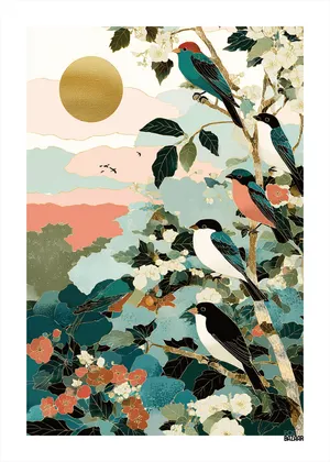 Plakat Golden Birds - kolorowe ptaki na gałęziach w bajkowym klimacie