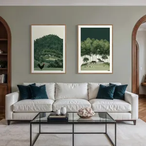 Plakat Forest Haven - kamienny dom wśród zielonych drzew, kozy, sielski klimat - obrazek 2