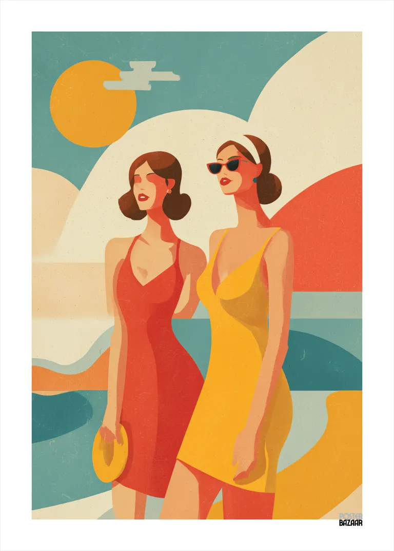 Summer Vibes — dwie kobiety w letnich sukienkach, abstrakcyjny krajobraz, retro kolory