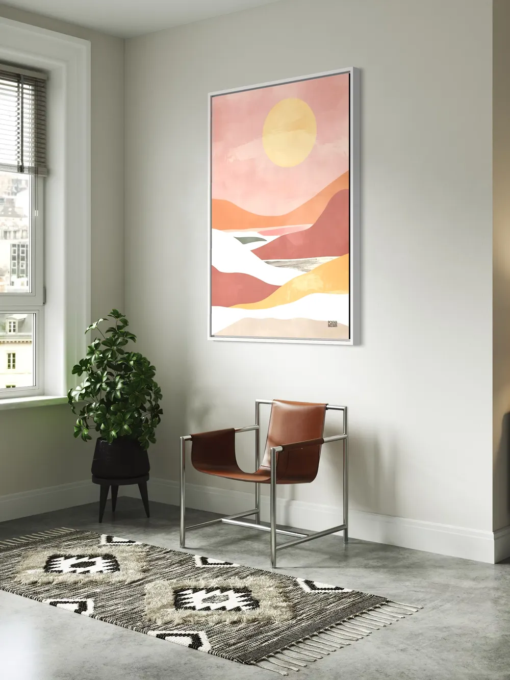 Plakat Sunset Dream - abstrakcyjny krajobraz z słońcem na pastelowych barwach - obrazek 3