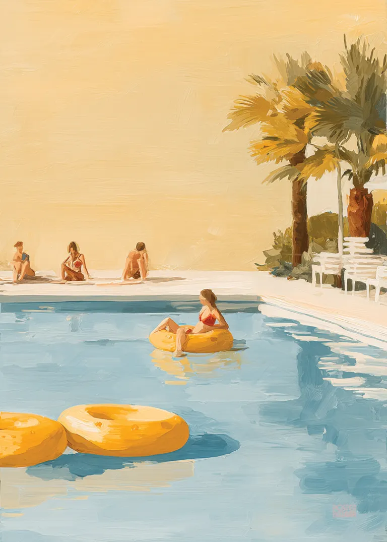 Golden Float — spokojny basen, złote kolory, letni klimat