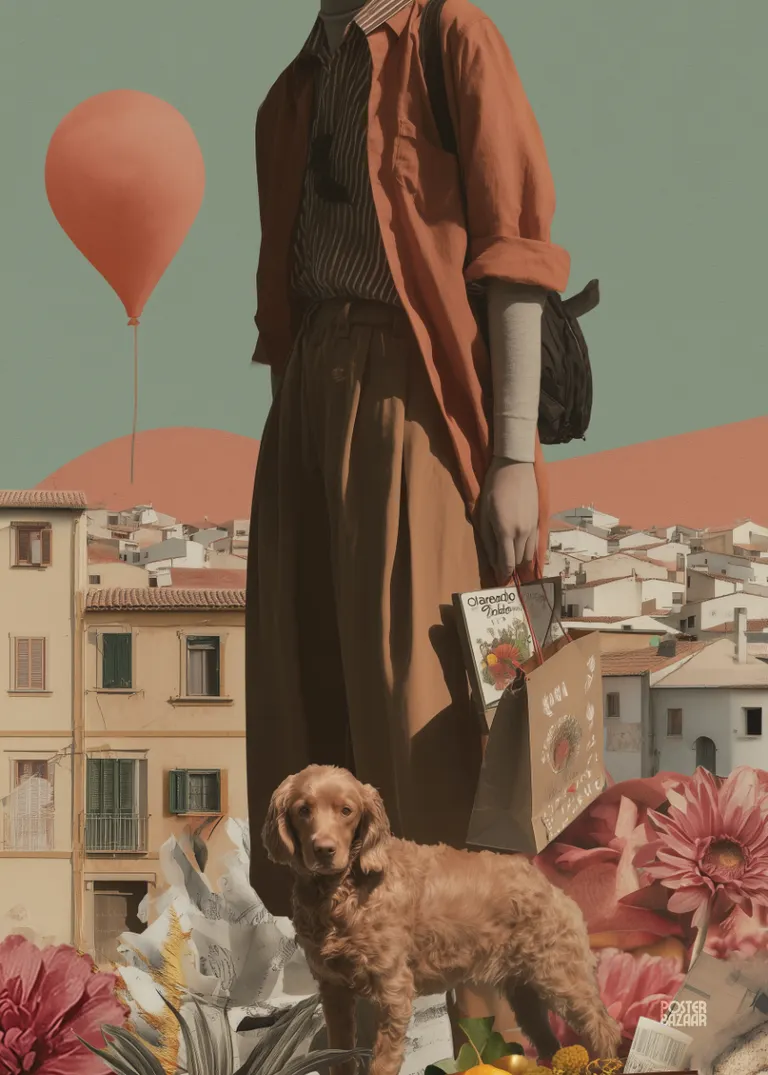 Balloon Stroll — pastelowe miasteczko z czerwonym balonem i psem