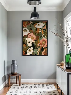 Plakat Autumn Reverie - duże białe i różowe kwiaty, oliwkowe liście, jesienne barwy - obrazek 3