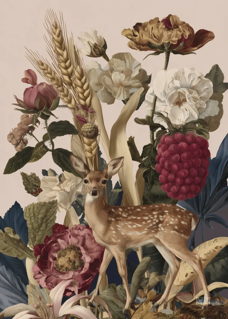 Deer & Berries — jelonek wśród kwiatów i owoców w stylu retro