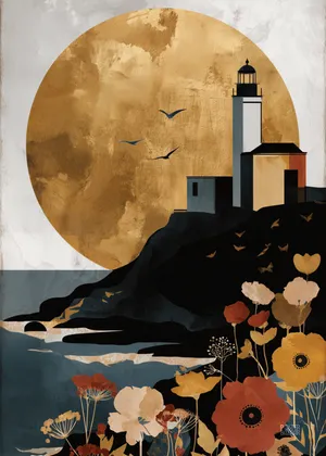 Plakat Golden Lighthouse - nowoczesna latarnia morska ze złotym słońcem