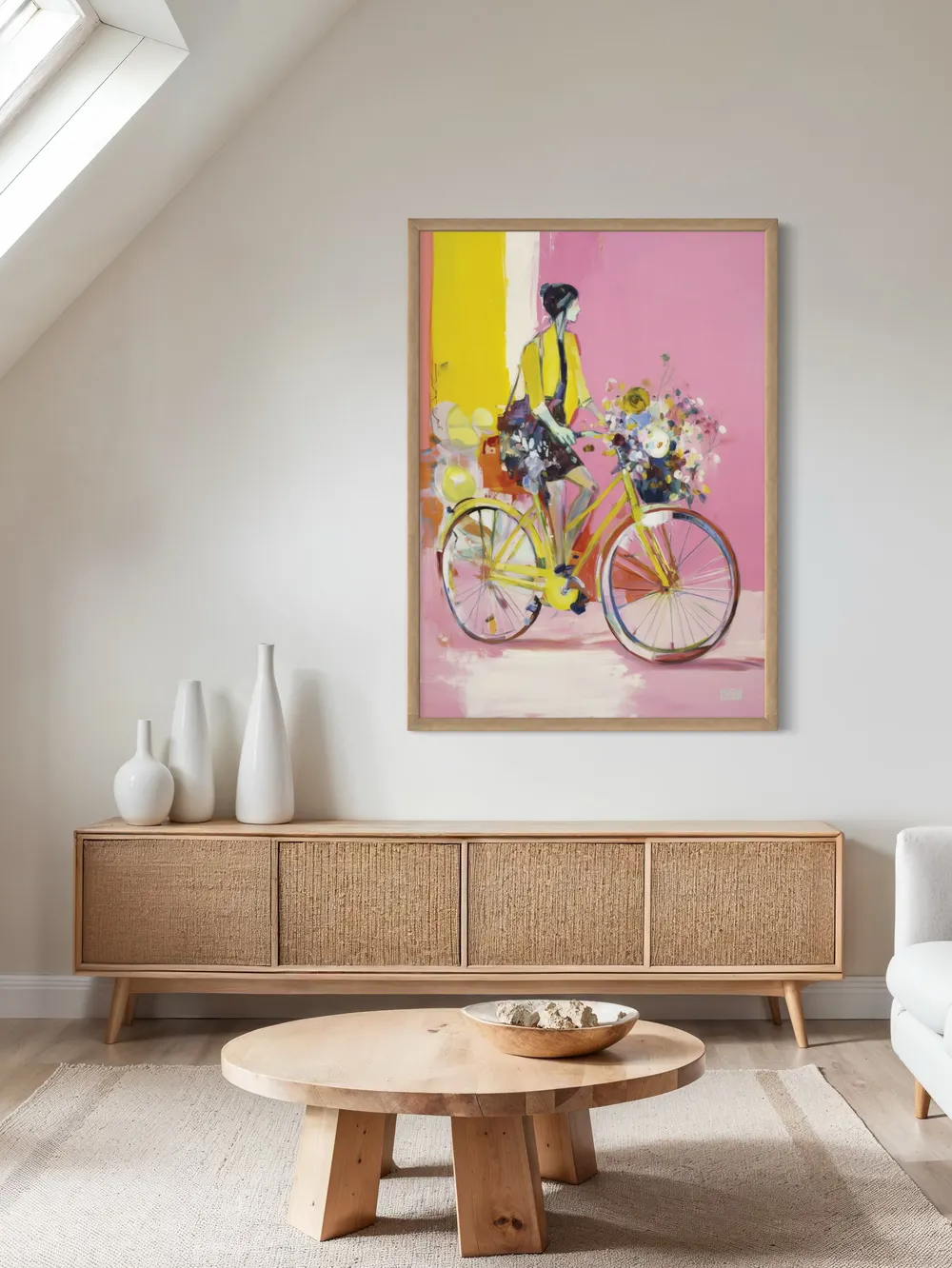 Plakat Floral Ride - kobieta na żółtym rowerze z kwiatami, styl impresjonistyczny, różowe tło i energia - obrazek 2