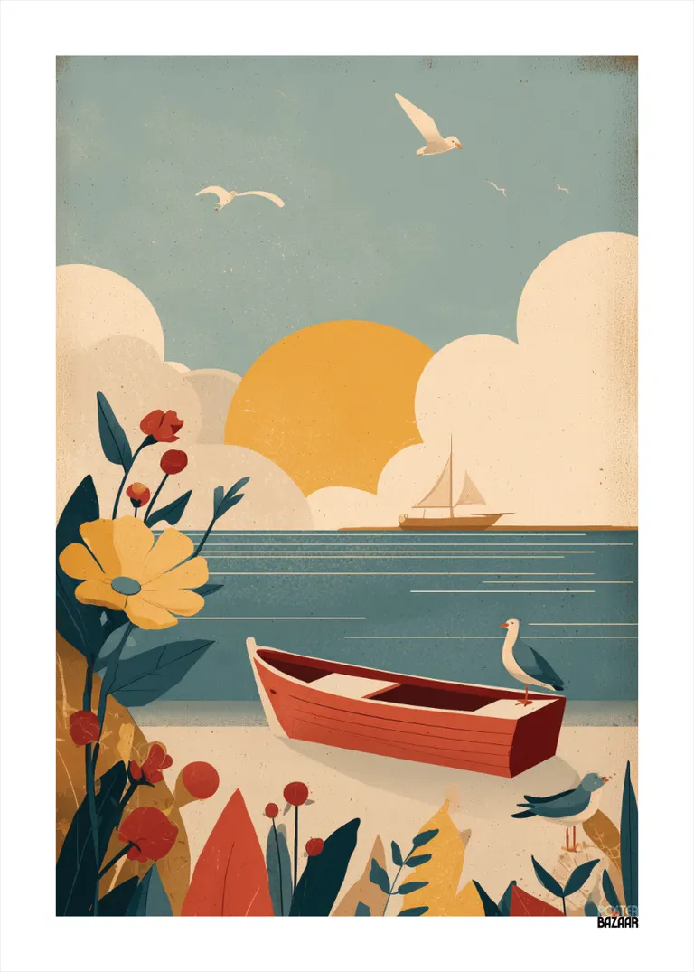 Seaside Boat — spokojna plaża z czerwoną łódką i pastelowym morzem