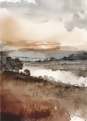 Plakat Sepia Horizon - spokojny krajobraz z jeziorem
