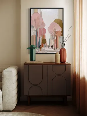 Plakat Blush City - elegancka ulica miejska w różowych odcieniach, z drzewami i ludźmi, nowoczesna - obrazek 2