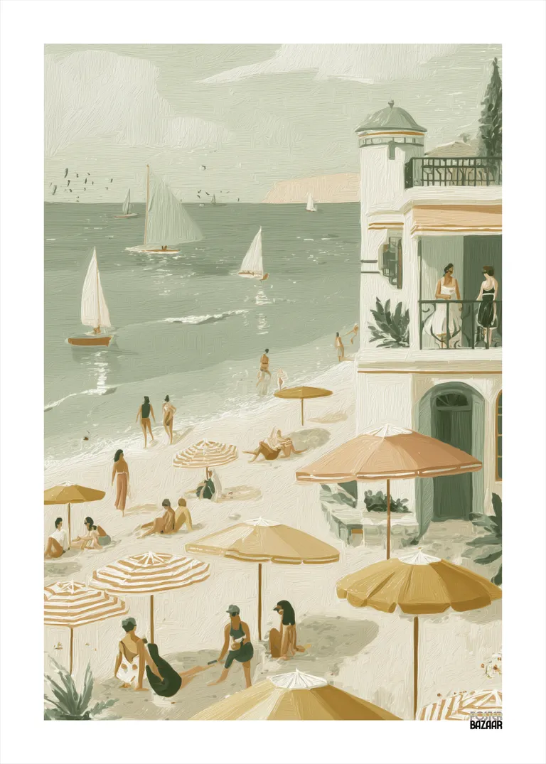 Seaside Escape — plaża z parasolami i żaglówkami w pastelowych barwach