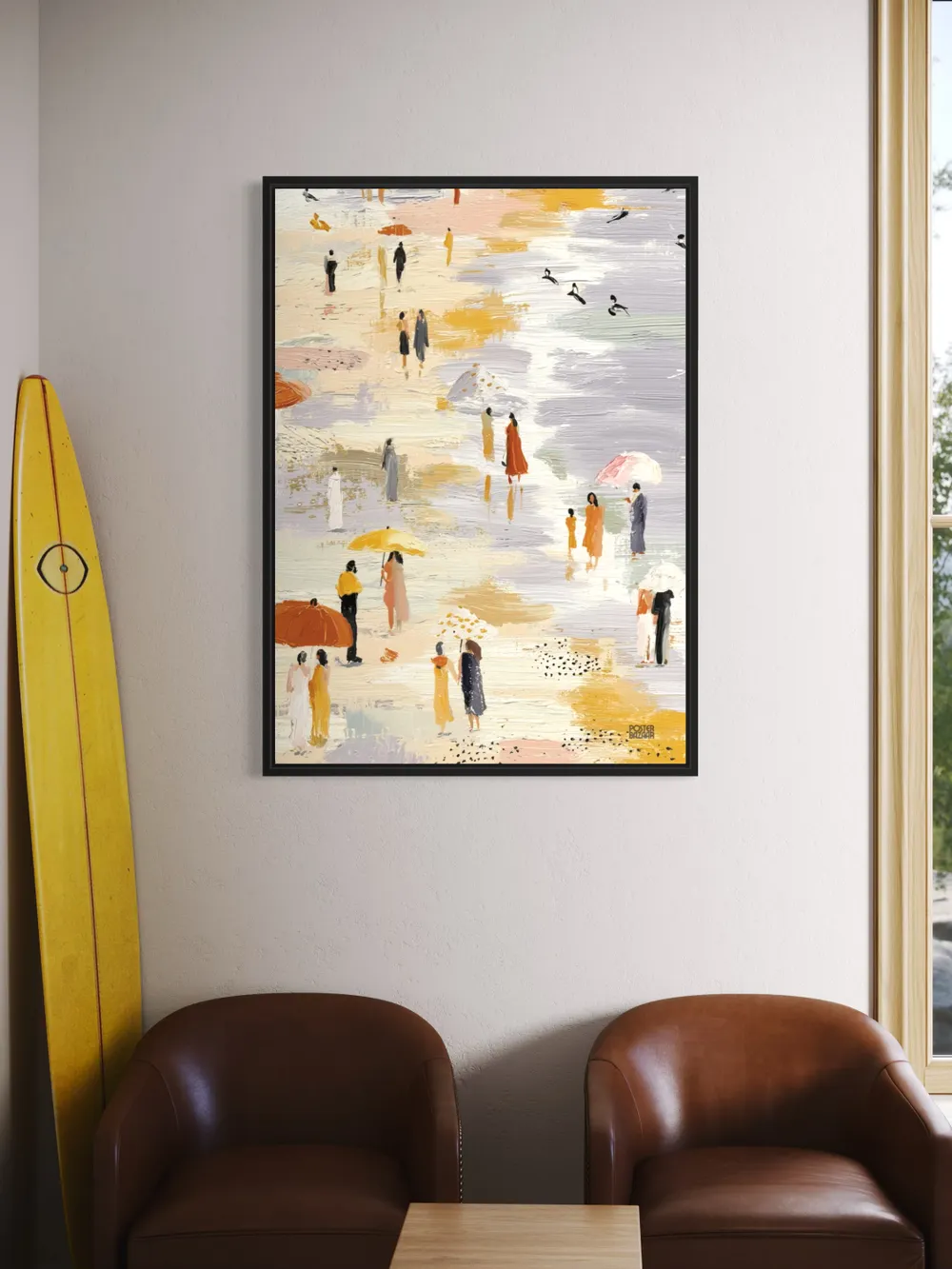 Plakat Beach Walk - spacer ludzi na plaży z kolorowymi parasolami w pastelach - obrazek 2
