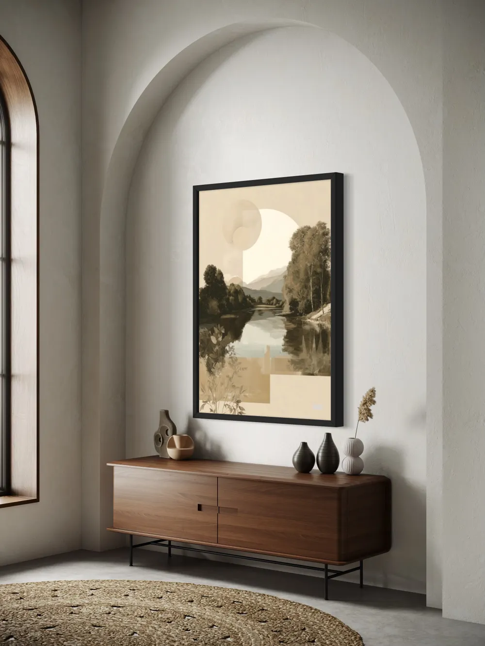 Plakat Geometric River - spokojna rzeka z drzewami i górami - obrazek 3
