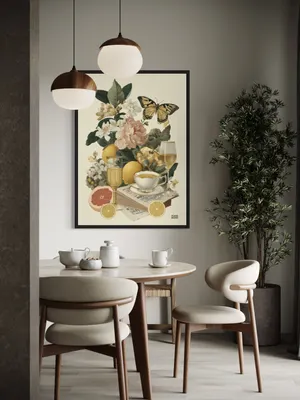 Plakat Butterfly Citrus - żółty motyl nad kwiatami i cytrusami w jasnych kolorach - obrazek 2