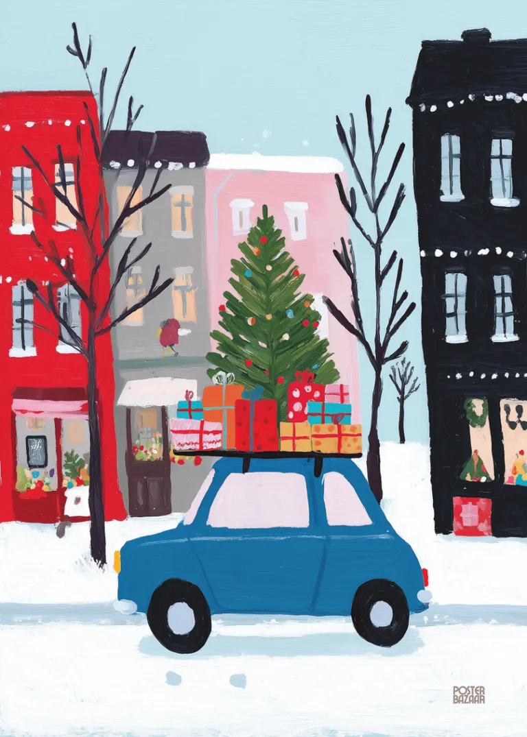 Winter Delivery — ilustracyjny zimowy klimat miasta z choinką i prezentami