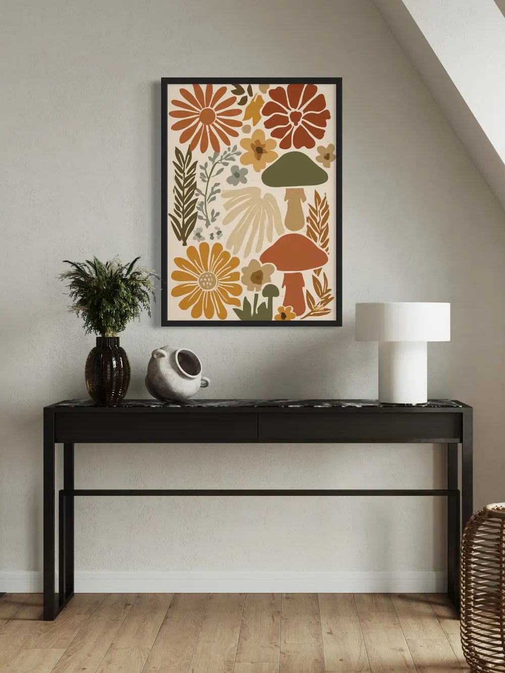 Plakat Mushroom Meadow - stylizowane kwiaty i grzyby w ciepłych, ziemistych barwach - obrazek 3