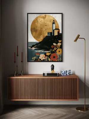 Plakat Golden Lighthouse - nowoczesna latarnia morska ze złotym słońcem - obrazek 2