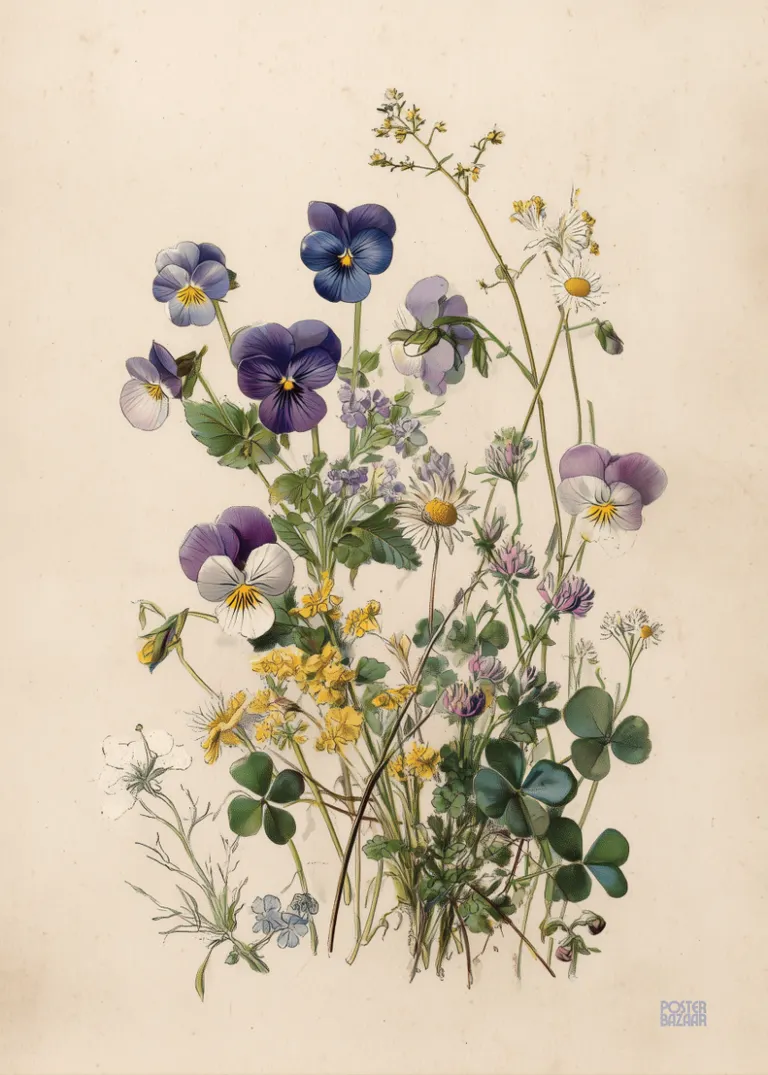 Wildflower Bunch — botaniczna ilustracja polnych kwiatów w odcieniach fioletu, bieli, zieleni i beżu, vintage styl