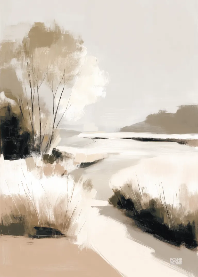 Soft Riverbank — delikatna pastelowa sceneria rzeki i traw