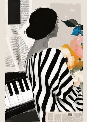 Plakat Piano Stripes - czarno-biała kobieta przy pianinie z kolorowymi kwiatami