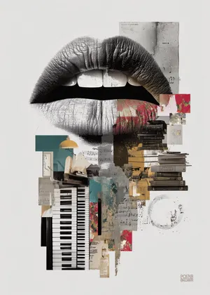 Plakat Melodic Lips - czarno-biały kolaż ust z nutami i barwnymi plamami