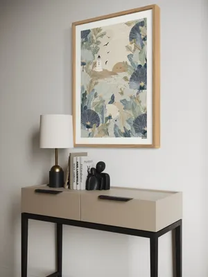 Plakat Lighthouse Vista - latarnia morska na skalistym brzegu z pastelowymi liśćmi - obrazek 3