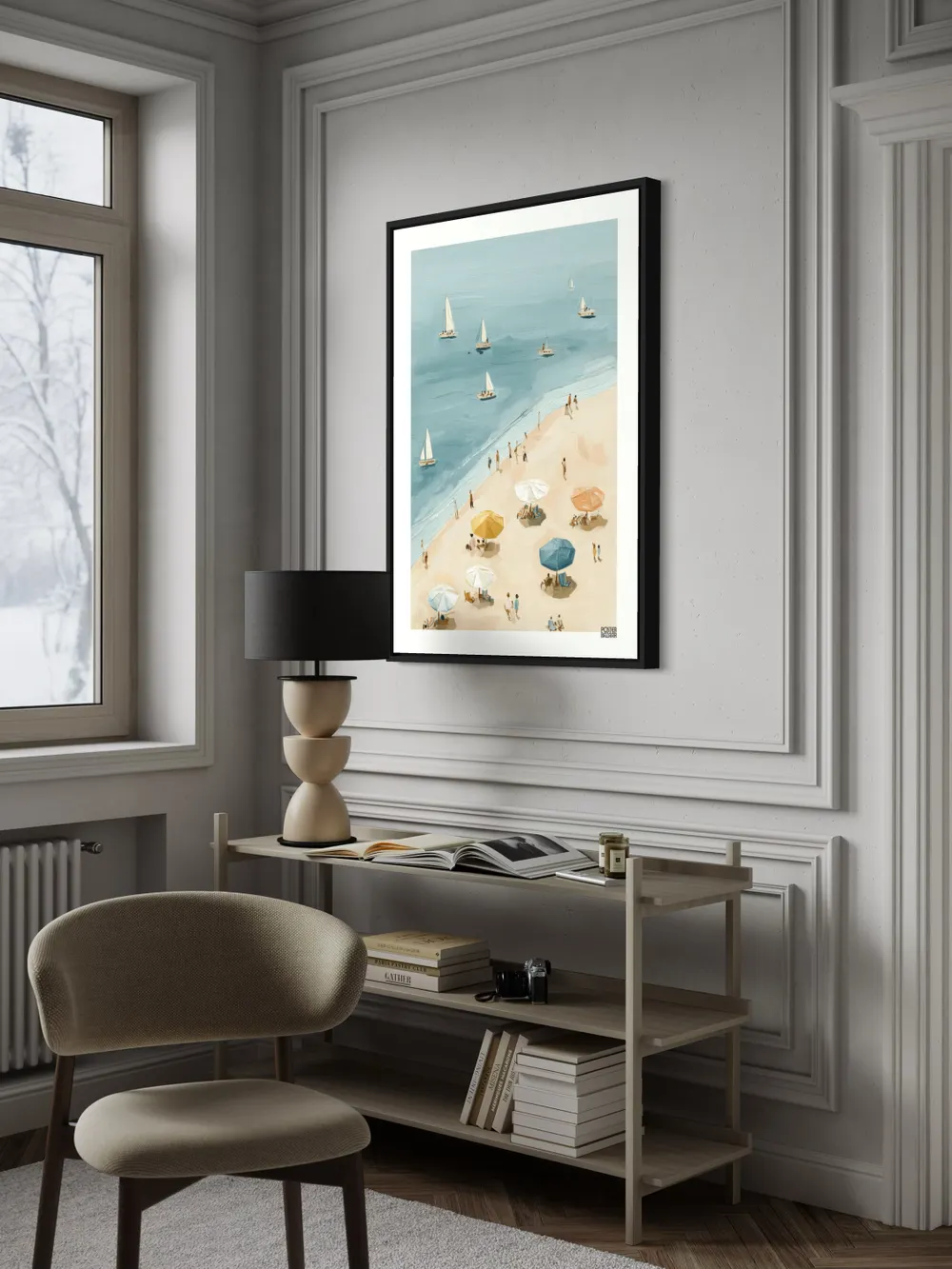 Plakat Sailing Beach - plaża z kolorowymi parasolami i żaglówkami na morzu - obrazek 3