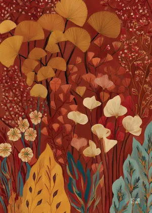 Plakat Amber Canopy - jesienne liście i kwiaty w bursztynowych odcieniach