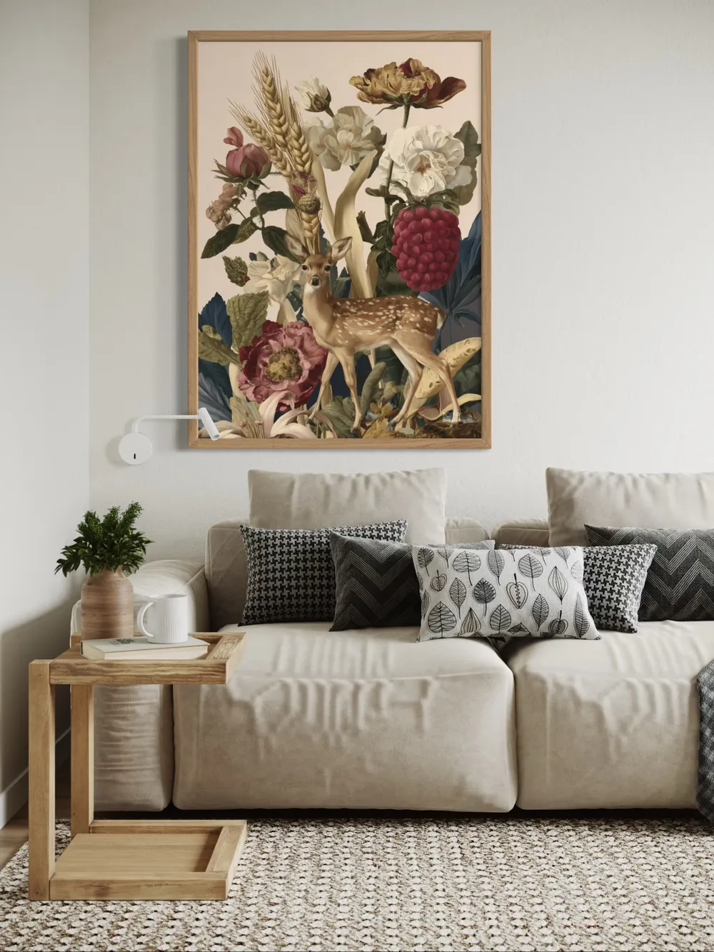 Plakat Deer & Berries - jelonek wśród kwiatów i owoców w stylu retro - obrazek 2