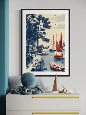 Plakat Sailing Lake - szkicowe jezioro z żaglówkami w retro stylu - obrazek 3