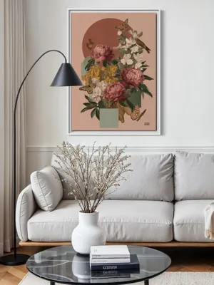 Plakat Peony Garden - piwonie w rozowych i bordowych odcieniach z motylami i ptakiem - obrazek 2