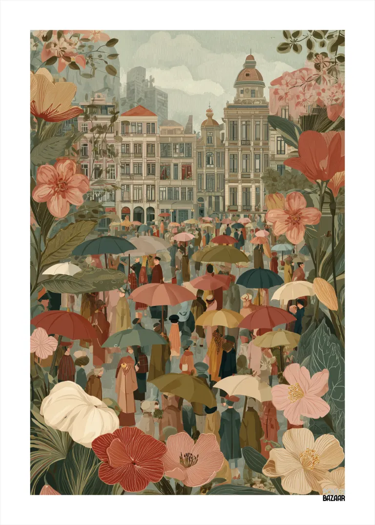 Floral Cityscape — tłum z parasolami i pastelowe kwiaty w mieście
